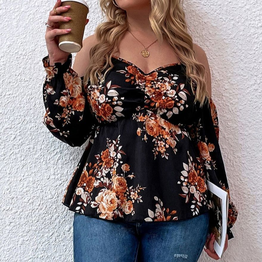Plus Size Peplum Tops Women Autumn 2022 Floral Print Off Shoulder Clothing 4XL Elegant T Shirts Oversized Long Sleeve Blouses