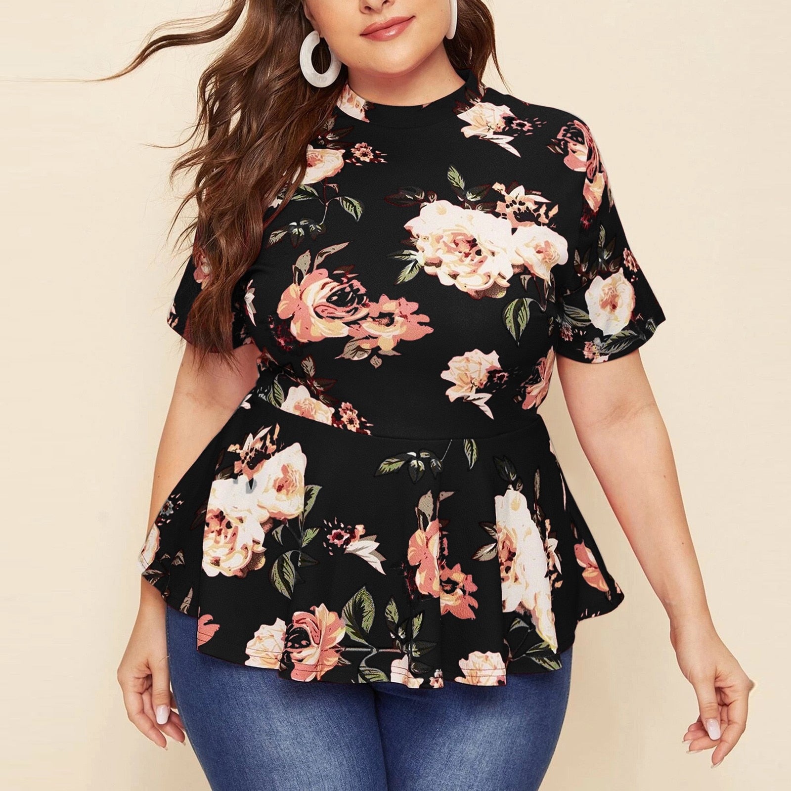 Mock Neck Floral Print Tops Women Plus Size 2022 Spring Summer Boho Casual Peplum Slim Fit Blouse Short Sleeve Female Tops