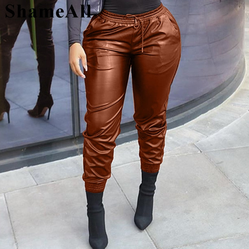 Plus Size Elastic Drawstring Waist Faux Pu Leather Harem Pant 3XL Streetwear Moto Biker Brown Jogger Trousers Vintage Sweatpants