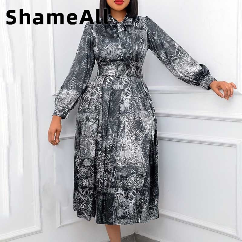 Women Plus Size Snake Skin Print Bow Tie Long Sleeve Midi Long Dress 4XL Summer High Waist with Belt African Satin Rayon Robes