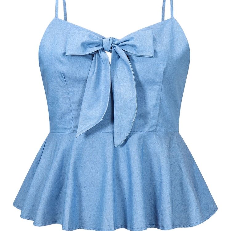 Finjani Tie Front Ruffle Hem Solid Denim Cami Top Plus Size Women's Sexy Shoulder Crop Bustier Cami