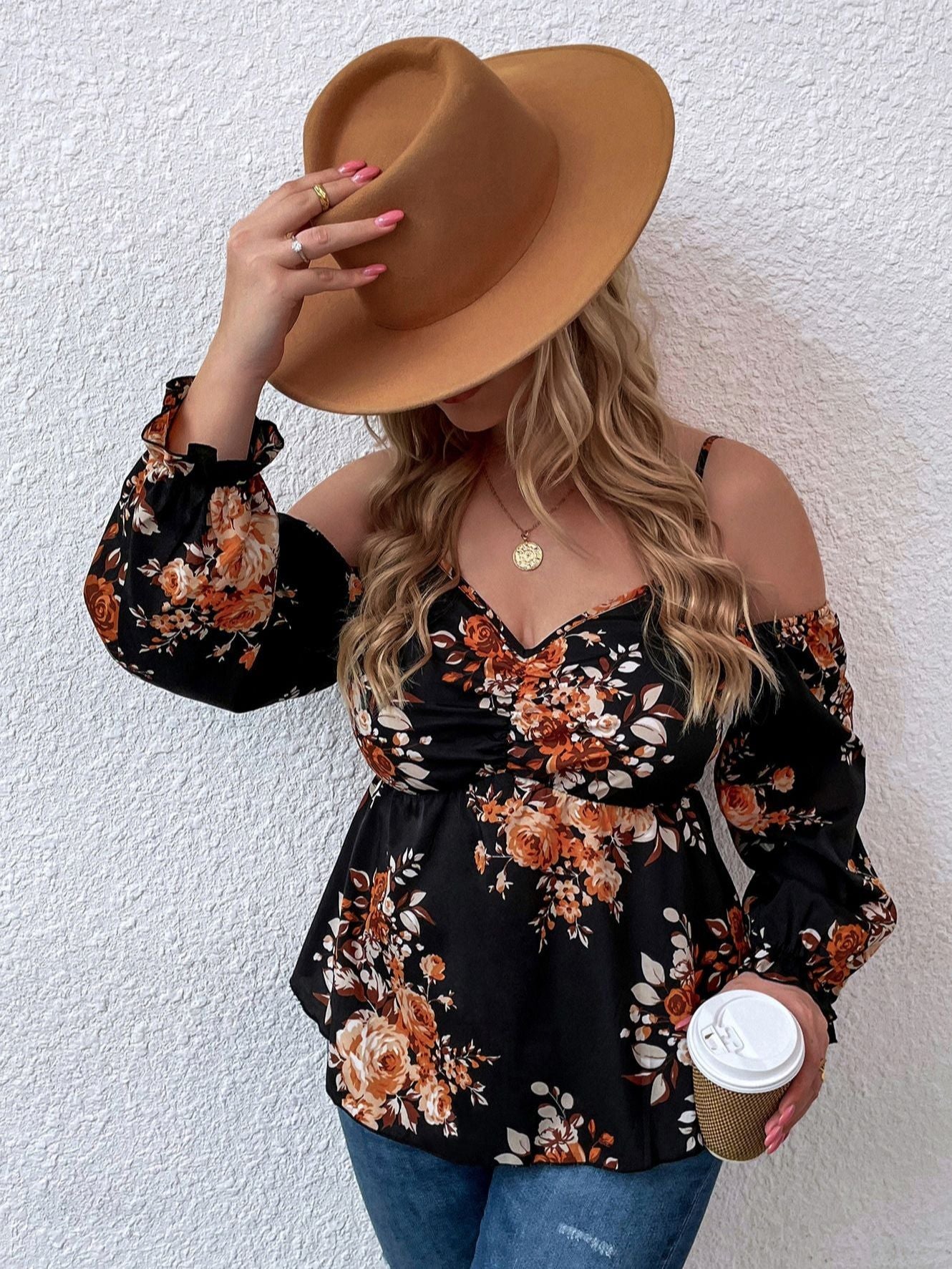 Plus Size Peplum Tops Women Autumn 2022 Floral Print Off Shoulder Clothing 4XL Elegant T Shirts Oversized Long Sleeve Blouses