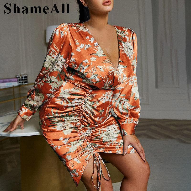 Plus Size Ruched Tie Front Print Satin Floral Dress 4XL Long Sleeve Sexi Deep V Neck Night Dress Hot Irregular Slit Party Dress