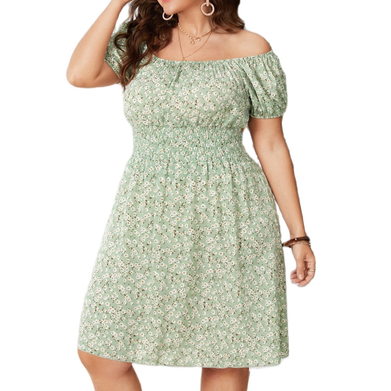 Plus Size 4XL Floral Print Dress for Women Off Shoulder Casual Elegant Midi Green Dresses 2022 Summer Autumn Loose Clothing