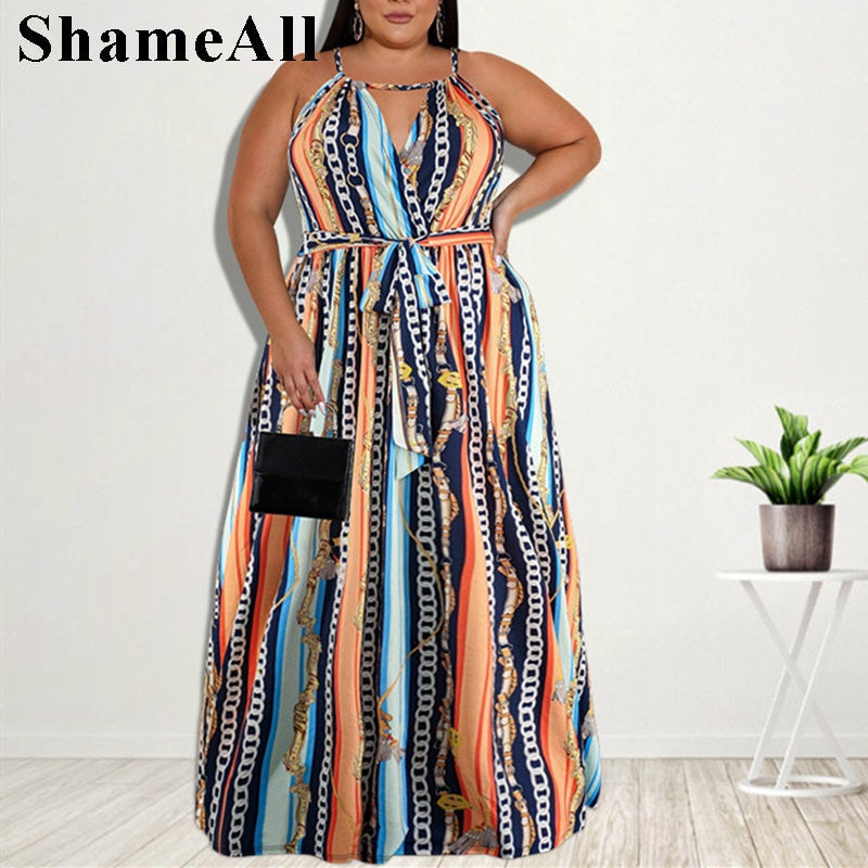 Plus Size Vintage Chain Striped Spaghetti Strap Beach Dress 4XL Summer Sexy Sleeveless Backless Belted Loose Long Maxi Dresses