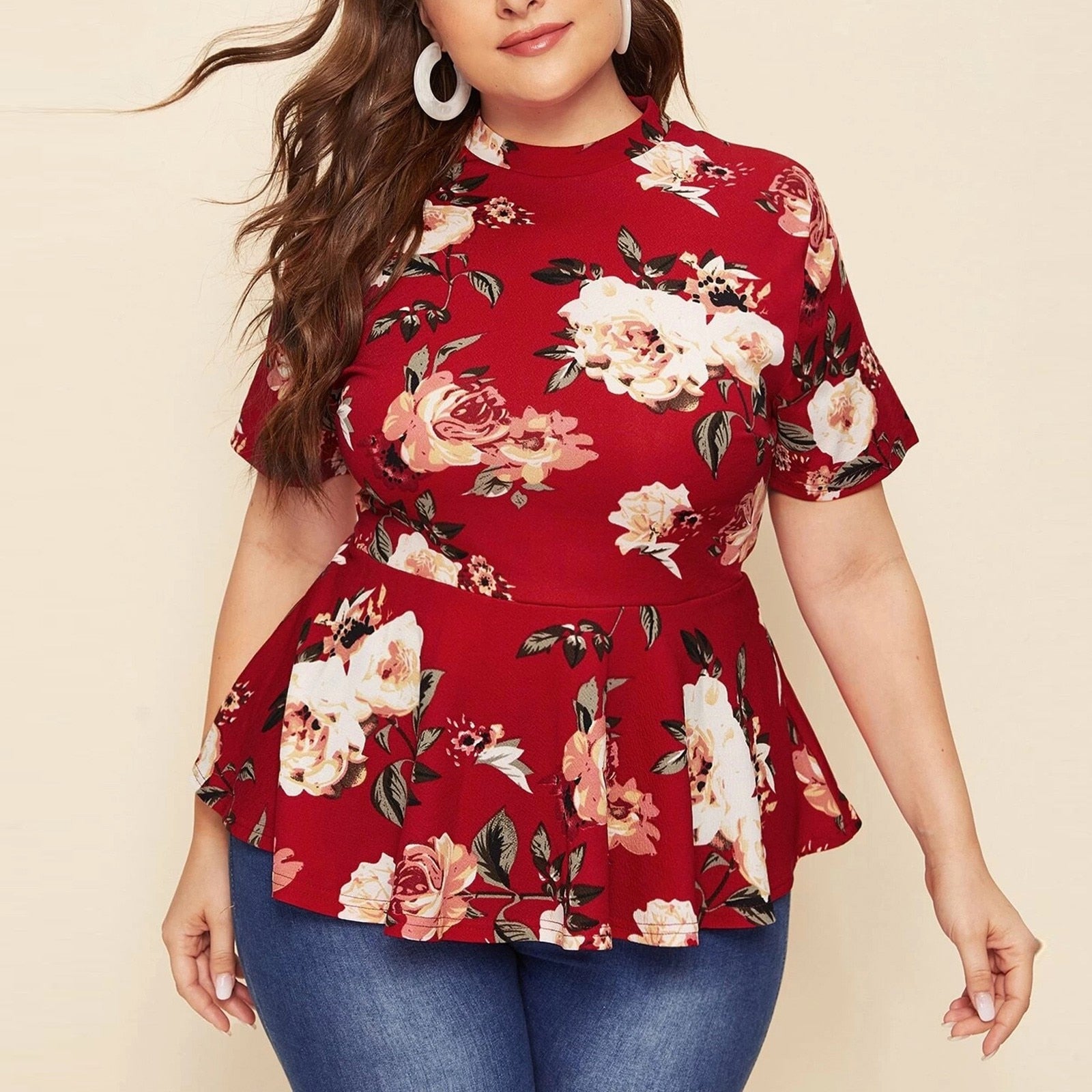 Mock Neck Floral Print Tops Women Plus Size 2022 Spring Summer Boho Casual Peplum Slim Fit Blouse Short Sleeve Female Tops