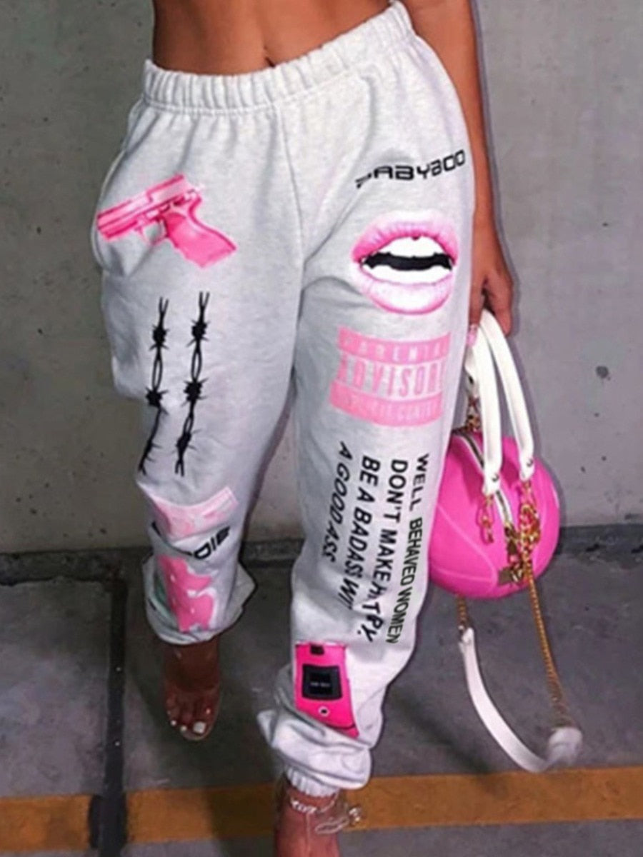 LW Plus Size Lip Letter Print Sweatpants Mid Waist Regular Positioning Print Casual women's sporting trousers 2022 NEW