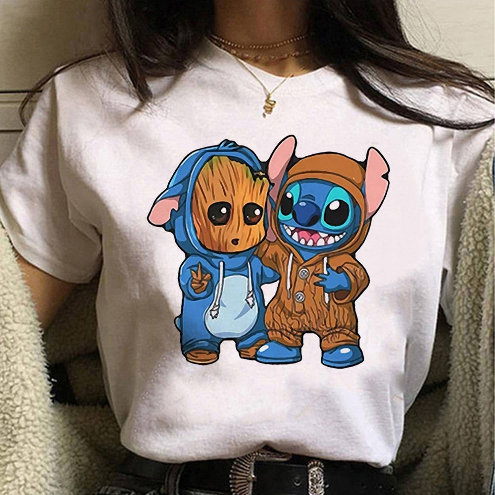 Disney Women T-shirts Cute Funny Groot and Stitch Print Fashion Instagram Femme Vetement Soft Cute Summer T Shirt for Girls
