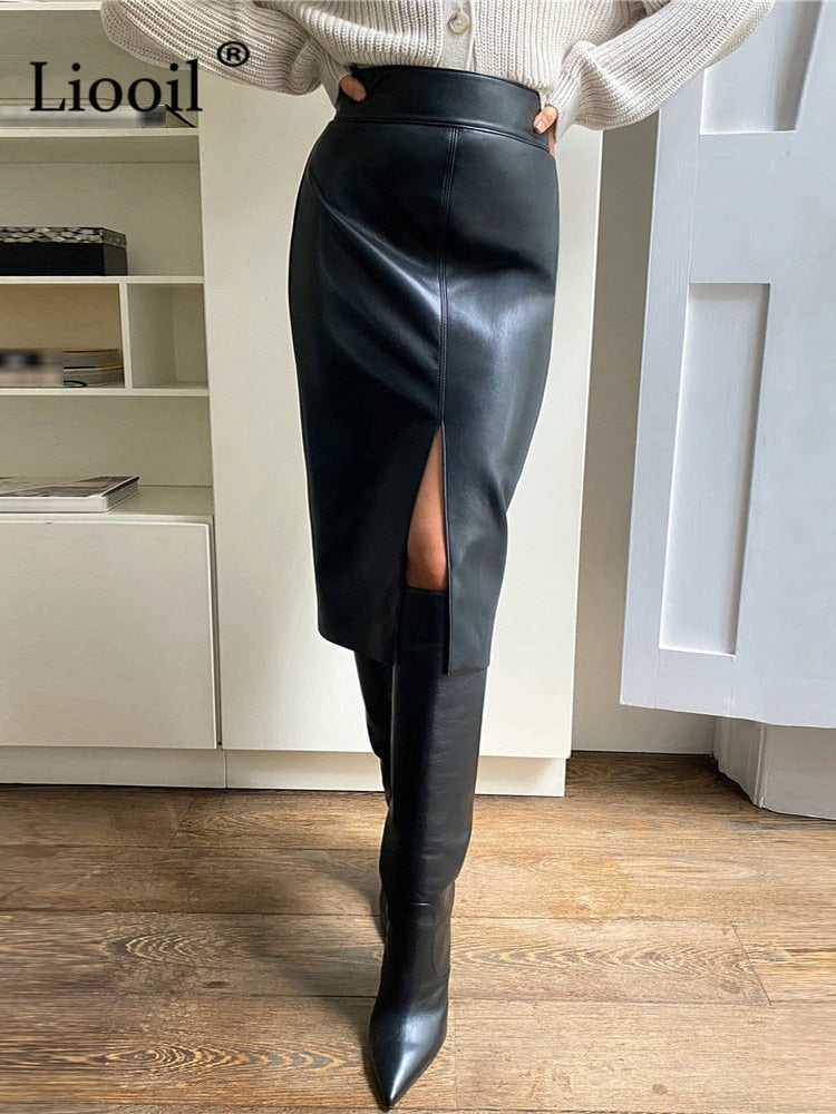 Women Faux Leather Slit Pencil Office Skirt Autumn 2022 New Spring Streetwear High Waist Black Brown Sexy Bodycon Midi Skirts