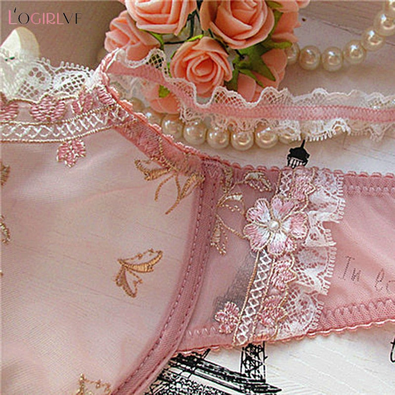 Logirlve Exquisite embroidery lotus pink ultra-thin women&#39;s sexy transparent lace underwear bra set