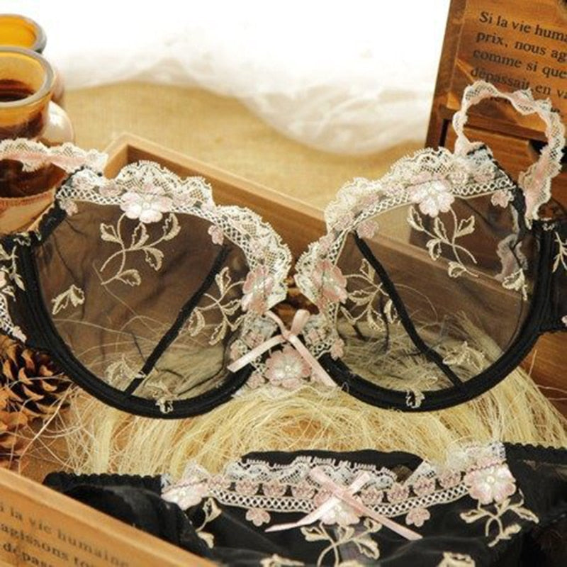 Logirlve Exquisite embroidery lotus pink ultra-thin women&#39;s sexy transparent lace underwear bra set