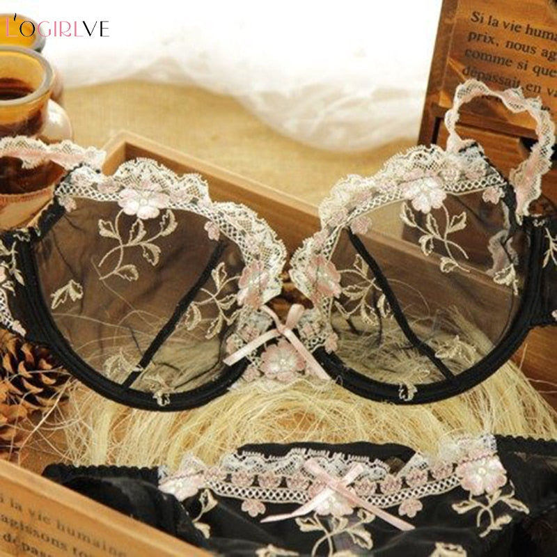 Logirlve Exquisite embroidery lotus pink ultra-thin women&#39;s sexy transparent lace underwear bra set