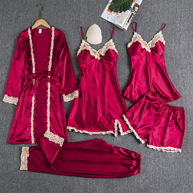 Sleepwear Female 5PCS Pajamas Set Satin Pyjamamas Lace Patchwork Bridal Wedding Nightwear Rayon Home Wear Nighty&amp;Robe Suit