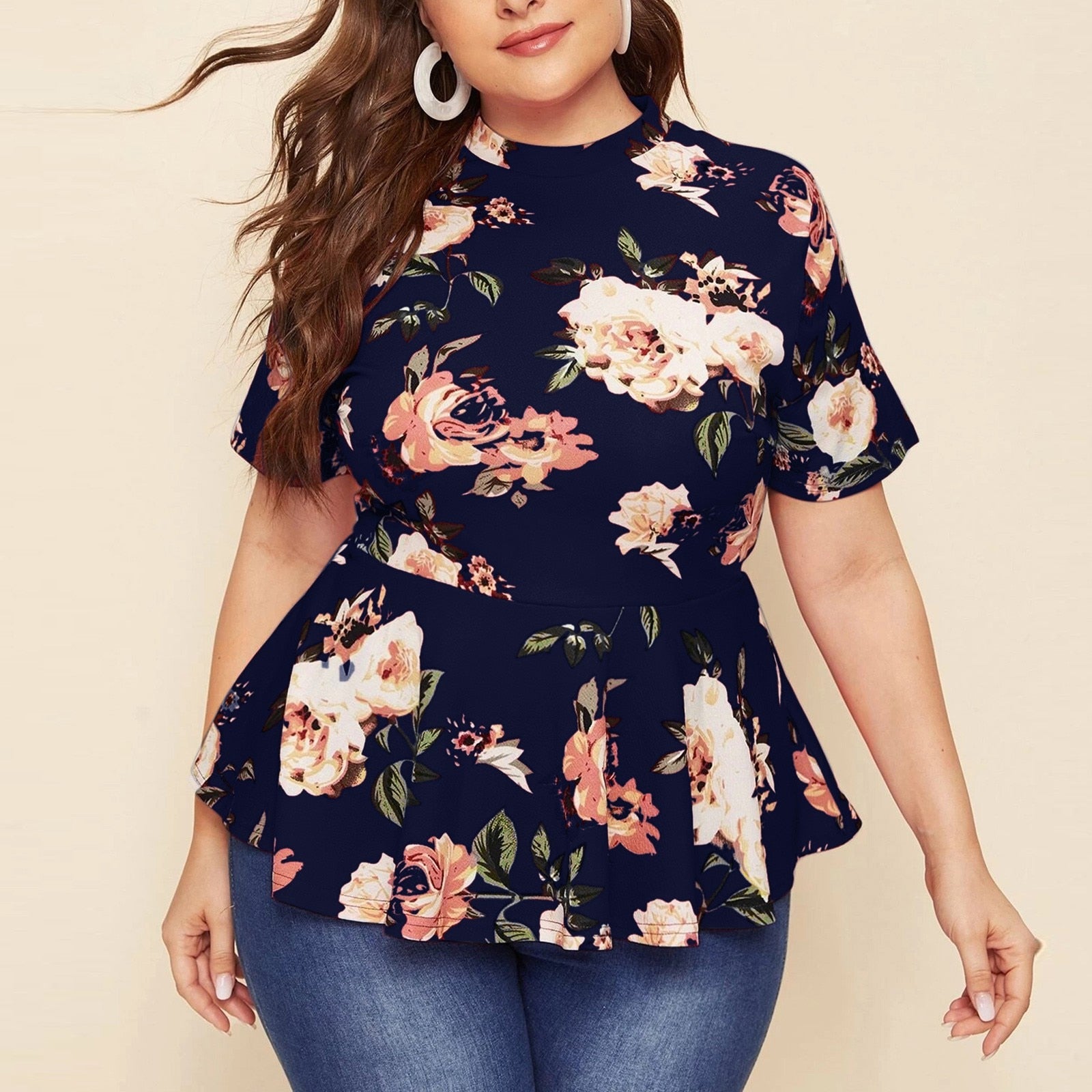 Mock Neck Floral Print Tops Women Plus Size 2022 Spring Summer Boho Casual Peplum Slim Fit Blouse Short Sleeve Female Tops