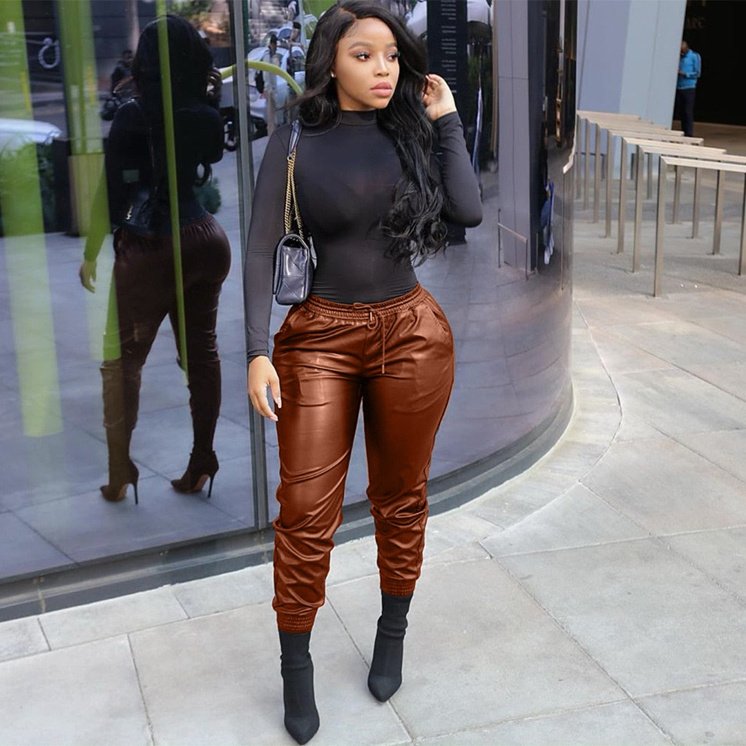 Plus Size Elastic Drawstring Waist Faux Pu Leather Harem Pant 3XL Streetwear Moto Biker Brown Jogger Trousers Vintage Sweatpants