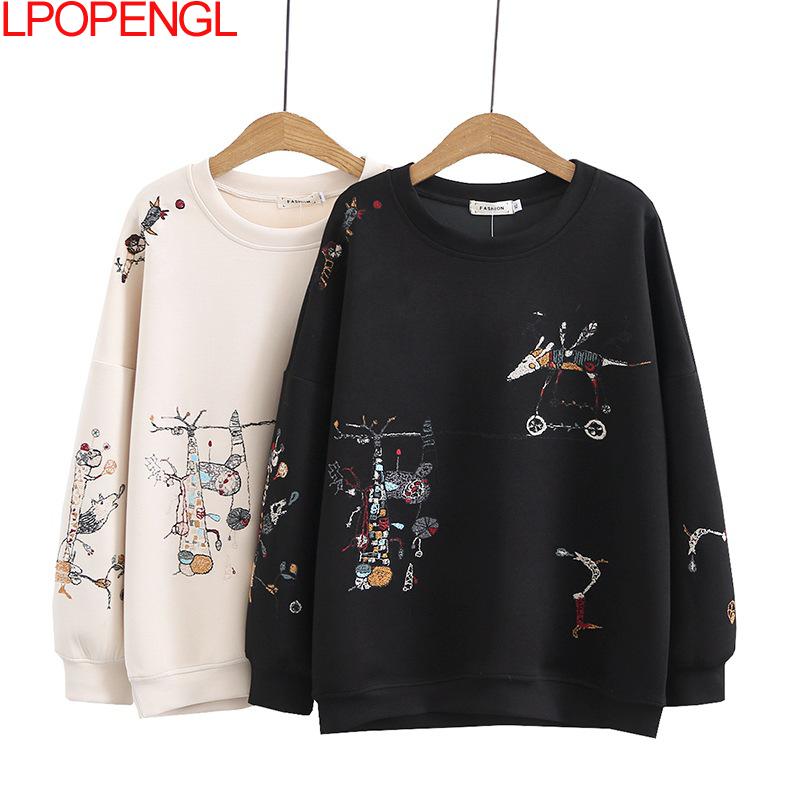 Harajuku Sweatshirt Women 2021 Plus Size Autumn New Fashion Casual Stitch-embroidered Long-sleeved O- Neck Breathable Hoodie Top