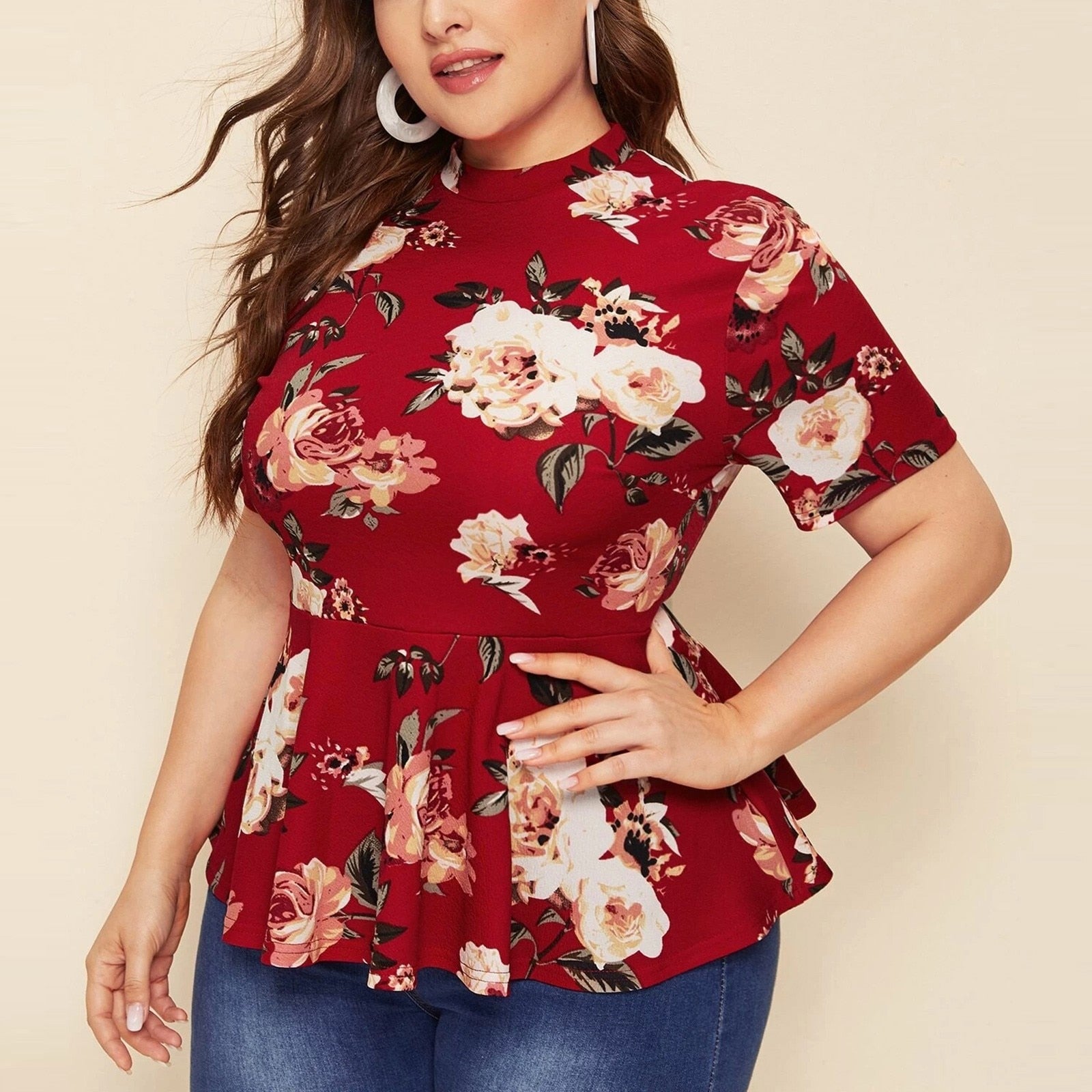 Mock Neck Floral Print Tops Women Plus Size 2022 Spring Summer Boho Casual Peplum Slim Fit Blouse Short Sleeve Female Tops
