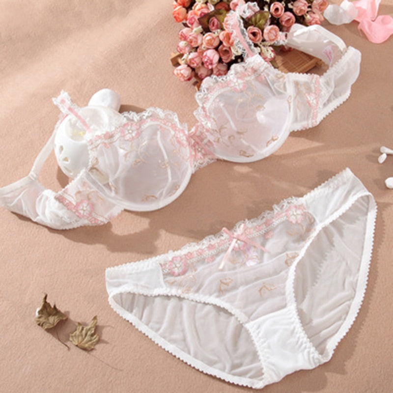 Logirlve Exquisite embroidery lotus pink ultra-thin women&#39;s sexy transparent lace underwear bra set