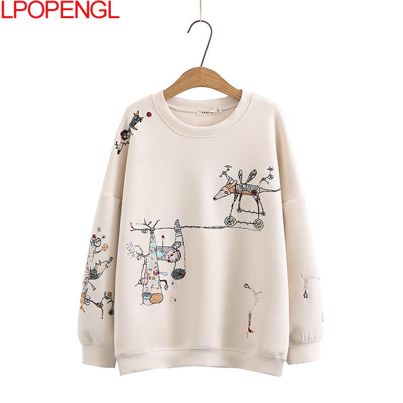 Harajuku Sweatshirt Women 2021 Plus Size Autumn New Fashion Casual Stitch-embroidered Long-sleeved O- Neck Breathable Hoodie Top
