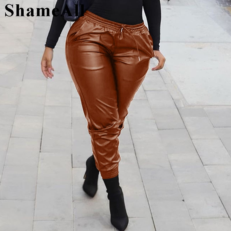 Plus Size Elastic Drawstring Waist Faux Pu Leather Harem Pant 3XL Streetwear Moto Biker Brown Jogger Trousers Vintage Sweatpants