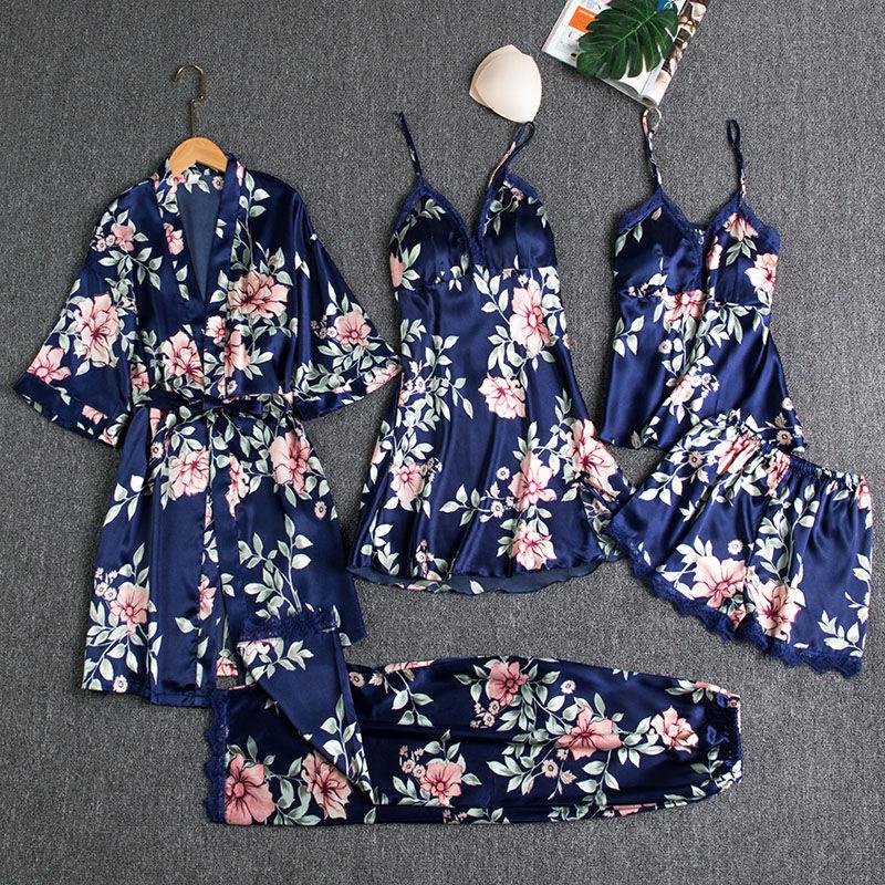 Sleepwear Female 5PCS Pajamas Set Satin Pyjamamas Lace Patchwork Bridal Wedding Nightwear Rayon Home Wear Nighty&amp;Robe Suit