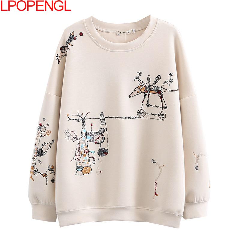 Harajuku Sweatshirt Women 2021 Plus Size Autumn New Fashion Casual Stitch-embroidered Long-sleeved O- Neck Breathable Hoodie Top