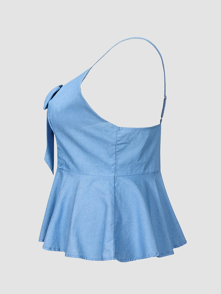 Finjani Tie Front Ruffle Hem Solid Denim Cami Top Plus Size Women's Sexy Shoulder Crop Bustier Cami
