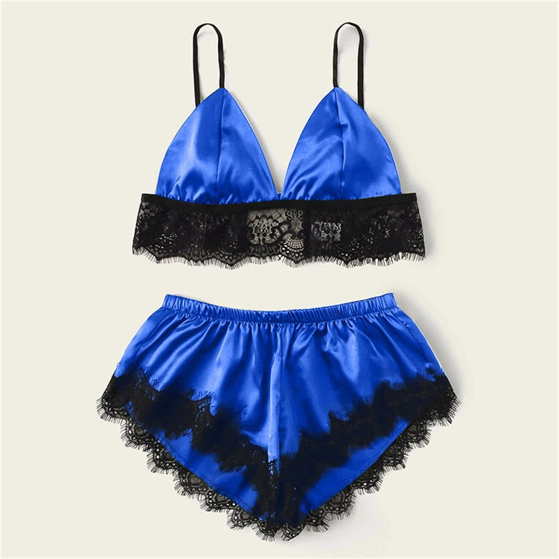 5 Styles Lingerie Sexy Bra Set Women's Sleepwear Sleeveless Strap Lace Trim Satin Cami Tops Pajama Sets Bras Women Brief Sets