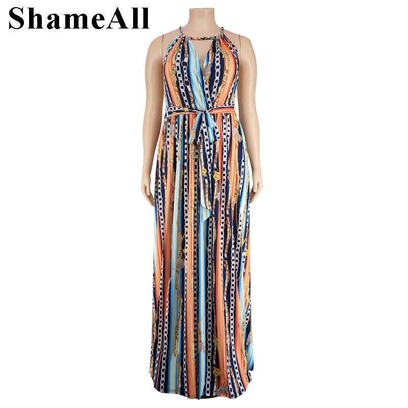 Plus Size Vintage Chain Striped Spaghetti Strap Beach Dress 4XL Summer Sexy Sleeveless Backless Belted Loose Long Maxi Dresses