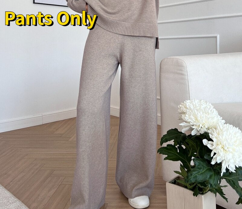 WOTWOY Knitted 2 Piece Turtleneck Sweater Wide Leg Pants Set Women Autumn Winter Long Sleeve White Pullovers Female Trousers Trf