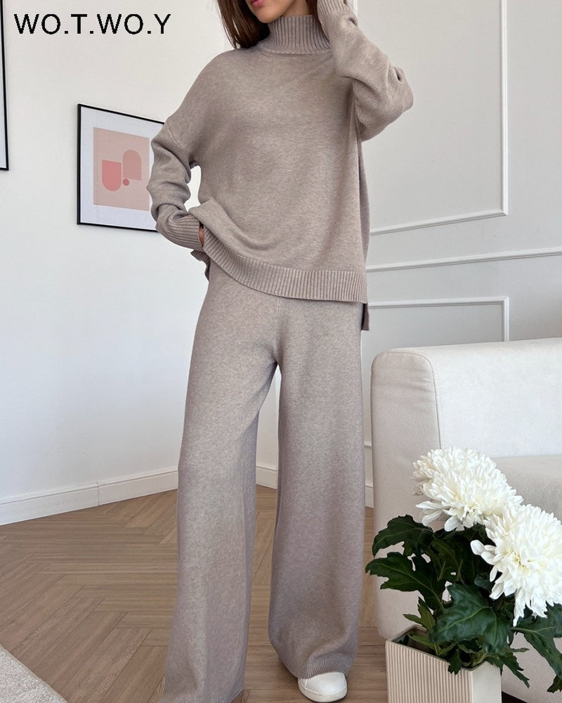 WOTWOY Knitted 2 Piece Turtleneck Sweater Wide Leg Pants Set Women Autumn Winter Long Sleeve White Pullovers Female Trousers Trf