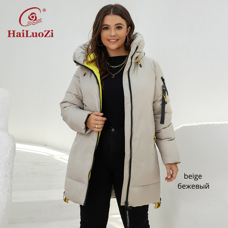 HaiLuoZi 2022 New Winter Women&#39;s Jacket Plus Size Pocket Thick Windproof Cotton Parka Warm Hooded Female Outwear Women Coat 87-2