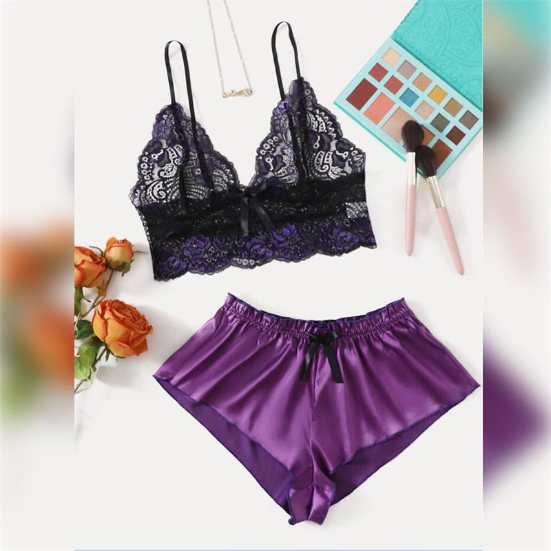 5 Styles Lingerie Sexy Bra Set Women's Sleepwear Sleeveless Strap Lace Trim Satin Cami Tops Pajama Sets Bras Women Brief Sets