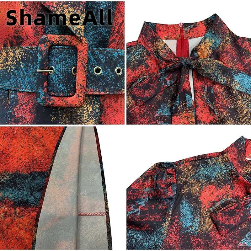 Women Plus Size Snake Skin Print Bow Tie Long Sleeve Midi Long Dress 4XL Summer High Waist with Belt African Satin Rayon Robes