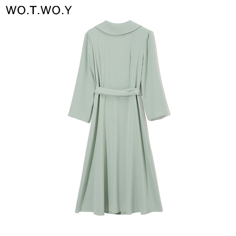 WOTWOY Elegant High Waist Belted Chiffon Dress Women Spring V-Neck Long Sleeve A Line Dress Women Solid Slim Mid-Calf Dress Lady