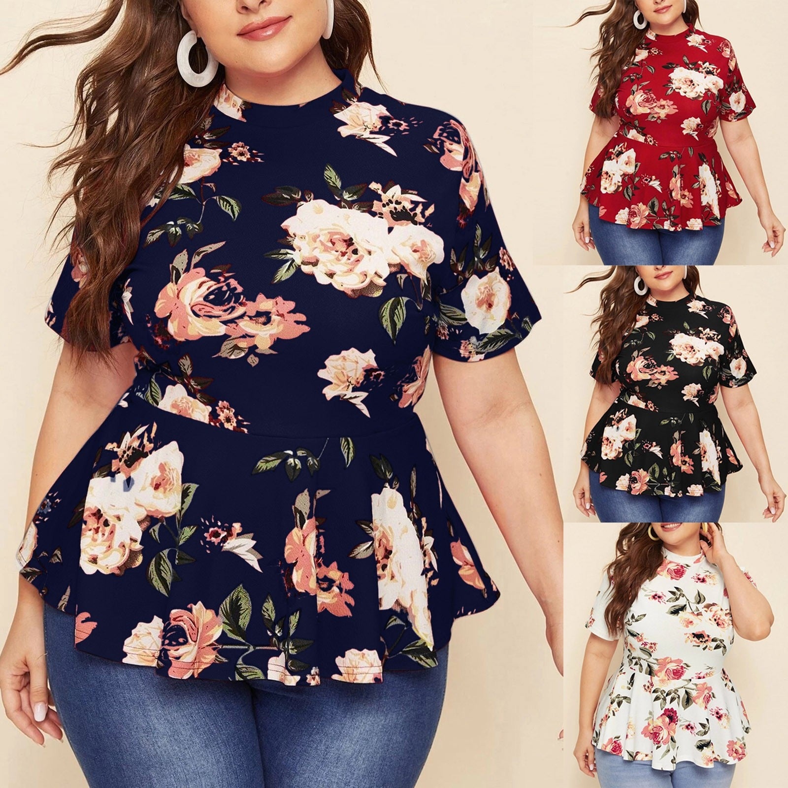 Mock Neck Floral Print Tops Women Plus Size 2022 Spring Summer Boho Casual Peplum Slim Fit Blouse Short Sleeve Female Tops