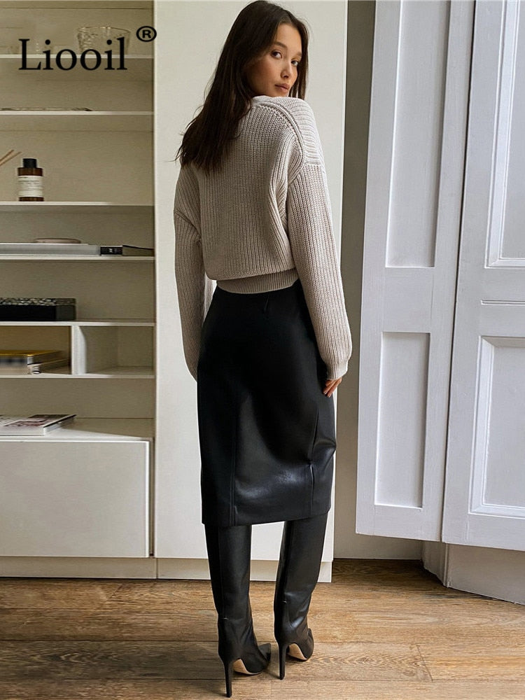 Women Faux Leather Slit Pencil Office Skirt Autumn 2022 New Spring Streetwear High Waist Black Brown Sexy Bodycon Midi Skirts