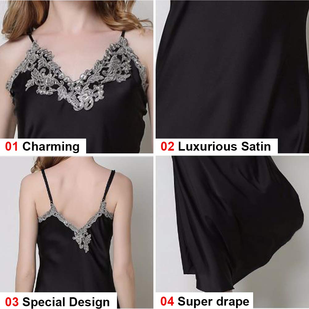 Women&#39;s Nightdress Lace Satin Nightgowns Sexy Lingerie Long Chemise Sleepwear