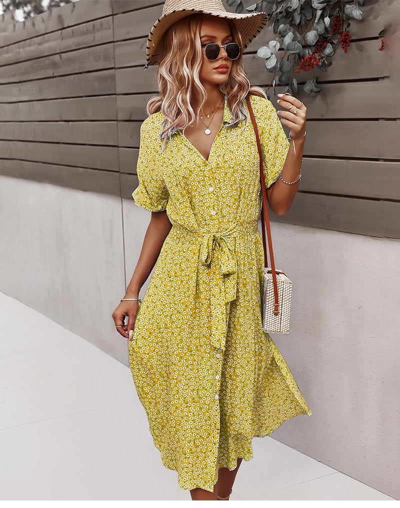 Women Floral Dress 2023 Summer Casual Short Sleeve Button Holiday Midi Dresses Female V-Neck Beach Boho Chic Dress Elegant Robe