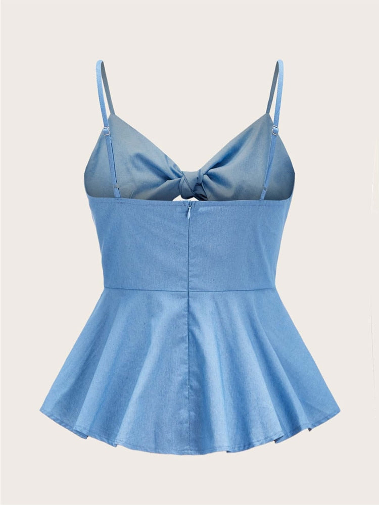 Finjani Tie Front Ruffle Hem Solid Denim Cami Top Plus Size Women's Sexy Shoulder Crop Bustier Cami