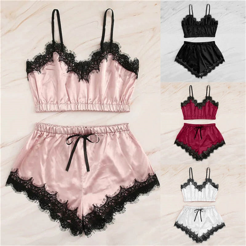 5 Styles Lingerie Sexy Bra Set Women's Sleepwear Sleeveless Strap Lace Trim Satin Cami Tops Pajama Sets Bras Women Brief Sets