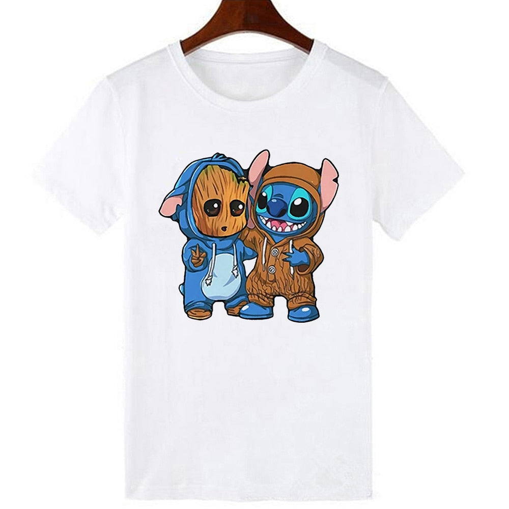 Disney Women T-shirts Cute Funny Groot and Stitch Print Fashion Instagram Femme Vetement Soft Cute Summer T Shirt for Girls