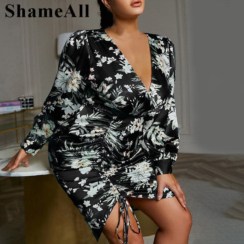 Plus Size Ruched Tie Front Print Satin Floral Dress 4XL Long Sleeve Sexi Deep V Neck Night Dress Hot Irregular Slit Party Dress