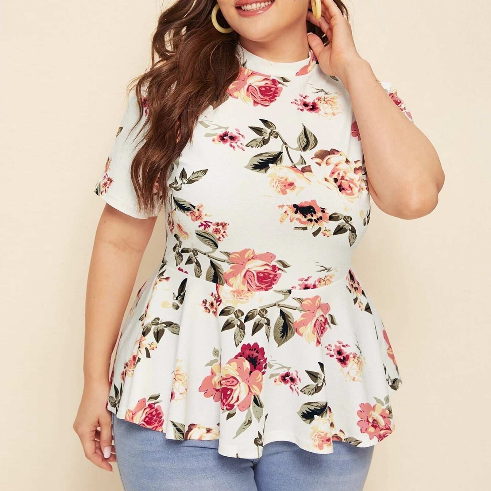 Mock Neck Floral Print Tops Women Plus Size 2022 Spring Summer Boho Casual Peplum Slim Fit Blouse Short Sleeve Female Tops