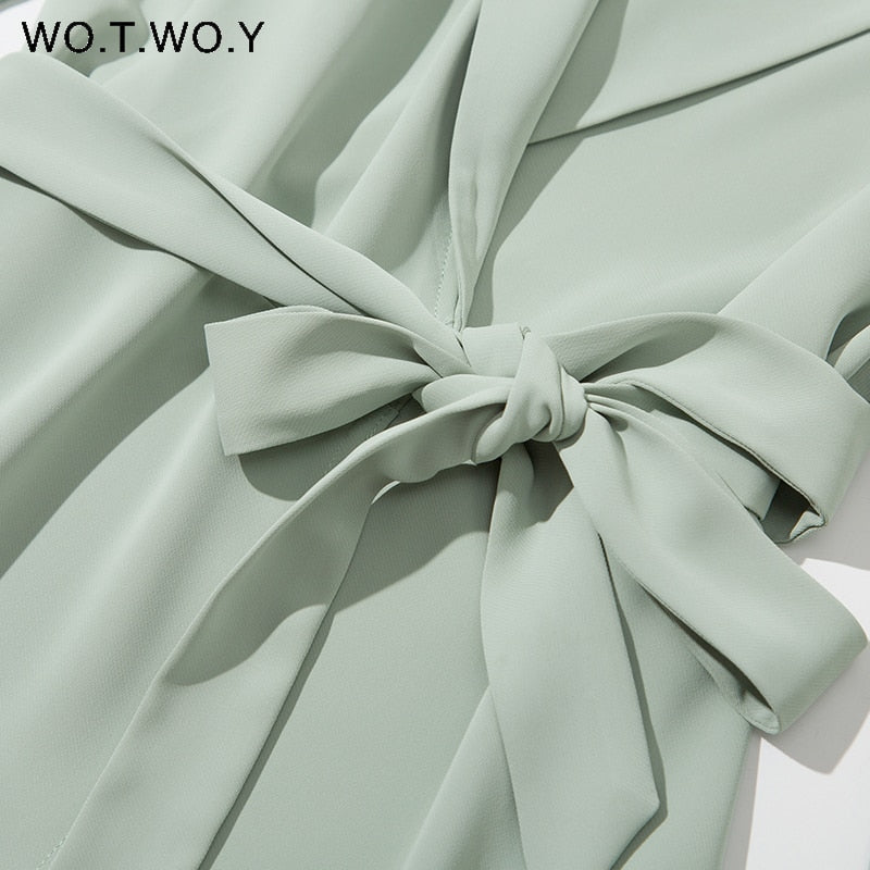 WOTWOY Elegant High Waist Belted Chiffon Dress Women Spring V-Neck Long Sleeve A Line Dress Women Solid Slim Mid-Calf Dress Lady