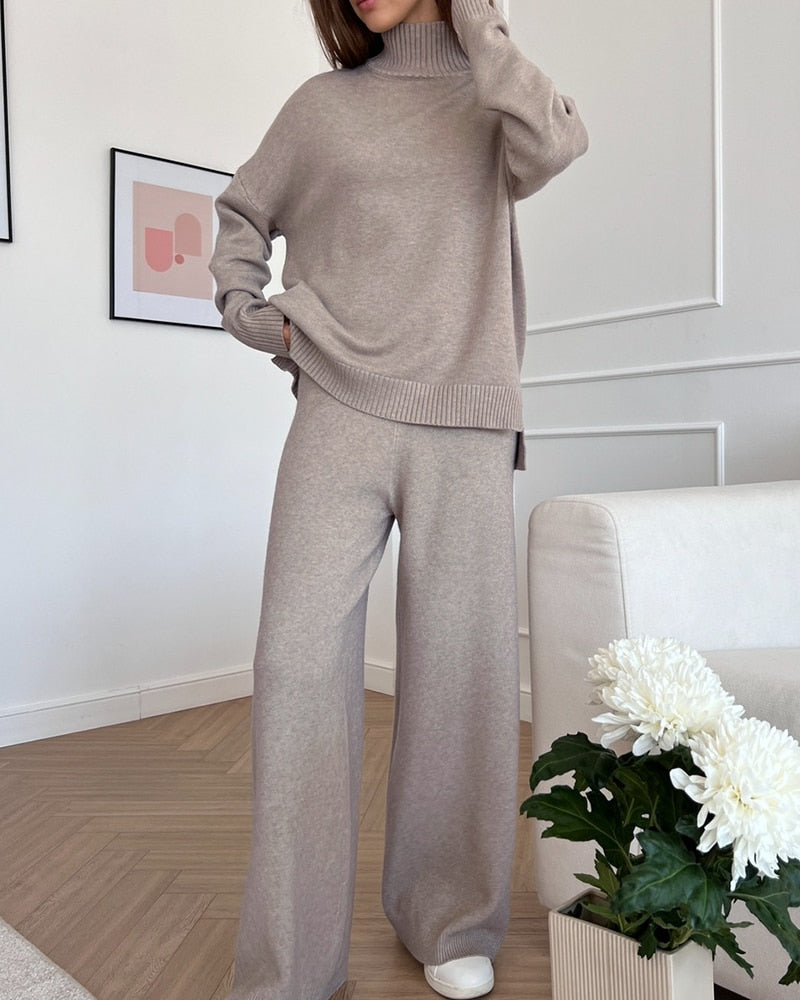 WOTWOY Knitted 2 Piece Turtleneck Sweater Wide Leg Pants Set Women Autumn Winter Long Sleeve White Pullovers Female Trousers Trf