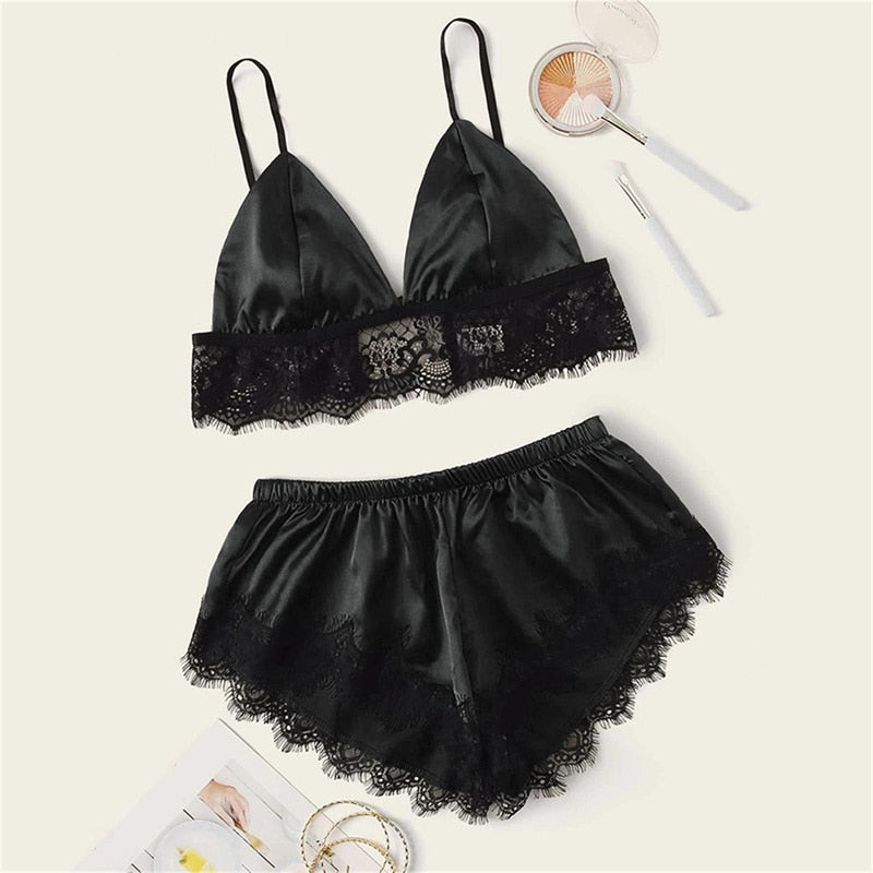 5 Styles Lingerie Sexy Bra Set Women's Sleepwear Sleeveless Strap Lace Trim Satin Cami Tops Pajama Sets Bras Women Brief Sets