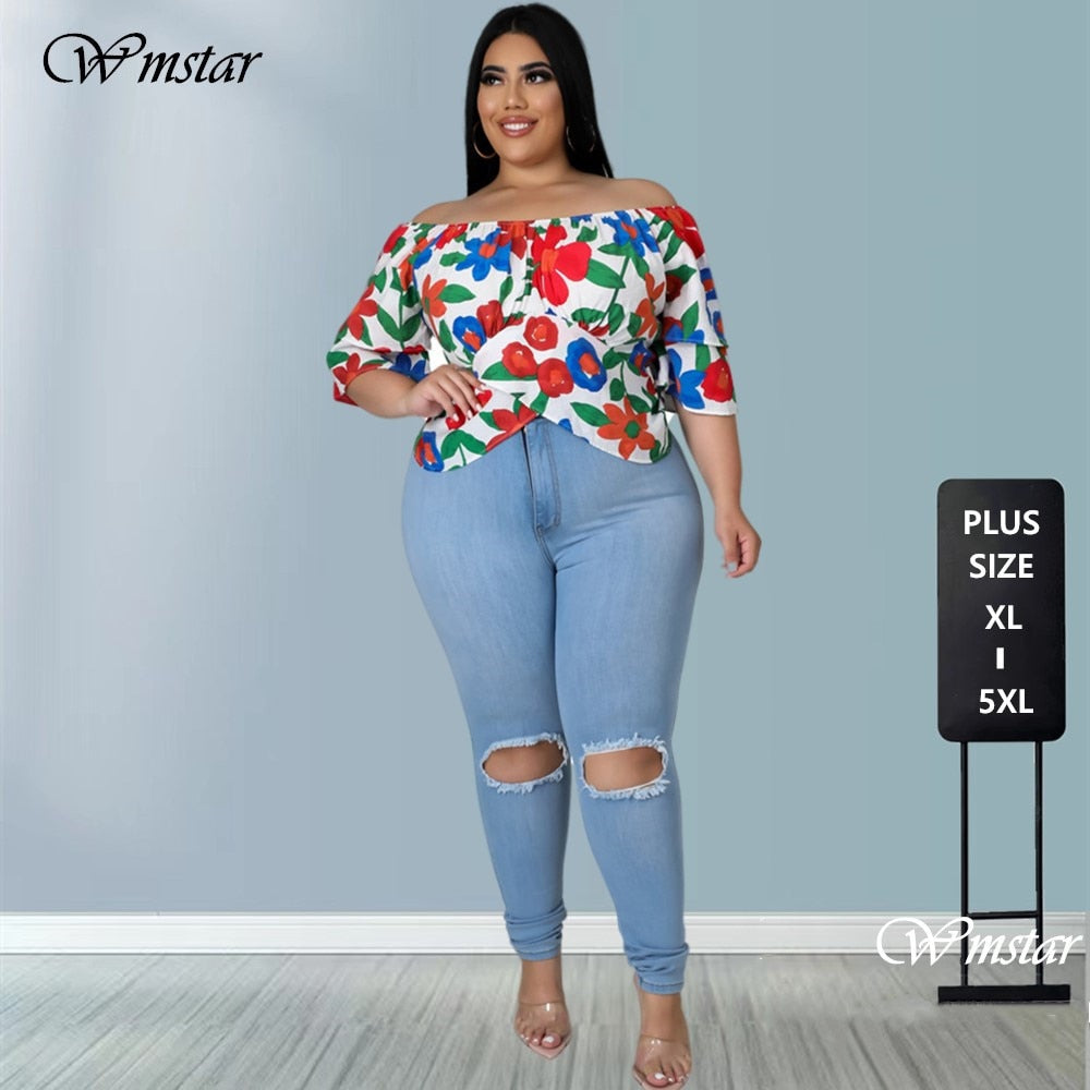 Wmstar Plus Size 3xl 4xl 5xl Crop Tops Shirts for Women Clothing  Spring Clothes Print Loose Blouses 2022 Wholesale Dropshipping