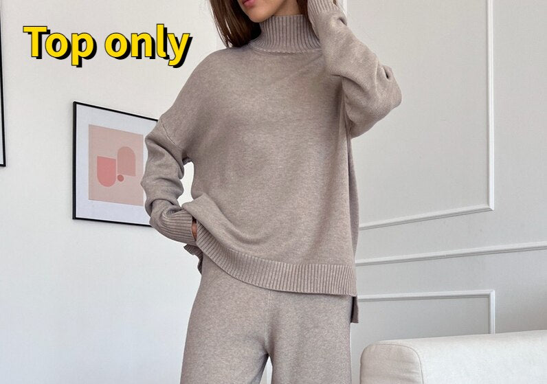 WOTWOY Knitted 2 Piece Turtleneck Sweater Wide Leg Pants Set Women Autumn Winter Long Sleeve White Pullovers Female Trousers Trf
