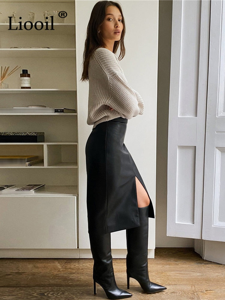 Women Faux Leather Slit Pencil Office Skirt Autumn 2022 New Spring Streetwear High Waist Black Brown Sexy Bodycon Midi Skirts